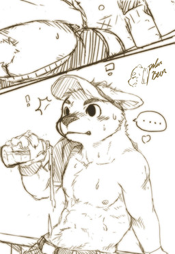 abs anthro athletic blush bodily_fluids bottle butt_cleavage clothed clothing container duo dutch_angle ellipsis faceless_character faceless_male hat headgear headwear kemono male nipples overweight overweight_male pecs sitting solo_focus stare sweat topless visor_cap water_bottle polakuma canid canine canis mammal wolf absurd_res hi_res signature