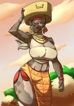 2012 africa anthro basket big_breasts bottomwear breasts cleavage clothed clothing container curvy_figure digital_media_(artwork) ear_piercing female huge_breasts hyena jaeh mammal piercing skirt solo spots spotted_hyena voluptuous wide_hips