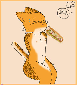 areola belly big_butt bodily_fluids butt cat_tail duo female flat_chested food fur male male/female markings motion_lines nervous nervous_sweat nipples nude orange_body orange_fur sandwich_(food) simple_background solo_focus sweat thick_thighs white_belly white_chest white_markings wdaf felid leopard mammal pantherine hi_res