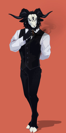 5_eyes anthro black_body black_clothing black_fur black_horn black_topwear black_vest bottomless butt_tuft cigar clothed clothing ear_piercing ear_ring ears_back featureless_crotch front_view fur horn leg_tuft male mouth_closed multi_eye orange_background piercing pivoted_ears ring_piercing shadow simple_background smoke solo standing topwear tuft unsigned vest white_body white_clothing white_topwear corzh77 bovid caprine mammal sheep absurd_res full-length_portrait hi_res portrait
