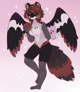 2_toes 4_fingers accessory anthro arms_bent bangs beak beak_closed bent_leg black_beak black_body black_feathers black_markings black_wings breasts brown_eyebrows brown_flower brown_hair brown_markings brown_sclera brown_stripes closed_smile dipstick_tail ear_piercing ear_ring eyebrow_through_hair eyebrows feathered_wings feathers featureless_breasts feet female female_anthro fingers flower flower_in_hair fluffy fluffy_tail gradient_background grey_markings grey_talons hair hair_accessory hand_behind_back leaf light looking_at_viewer markings medium_hair mouth_closed multicolored_body multicolored_feathers multicolored_hair multicolored_tail multicolored_wings non-mammal_breasts nude nude_anthro nude_female piercing pink_background pink_inner_ear plant ring_piercing rose_in_hair simple_background slim_anthro slim_female small_breasts smile smiling_at_viewer solo sparkle_(marking) sparkles striped_markings striped_tail stripes tail tail_markings talon_hands talons toes translucent translucent_hair two_tone_hair wavy_hair white_body white_eyes white_feathers white_tail_tip white_wings wing_markings wings suzeart avian bird 2026 colored digital_drawing_(artwork) digital_media_(artwork) english_description full-length_portrait hi_res lighting portrait shaded