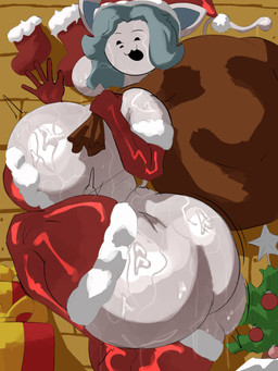 anthro big_breasts big_butt black_eyes bra breasts butt christmas_clothing christmas_headwear clothing female gesture gloves grey_hair hair handwear hat headgear headwear holding_object holidays huge_breasts huge_butt huge_hips huge_thighs legwear looking_at_viewer open_mouth sack santa_hat solo thick_thighs thigh_highs underwear waving waving_at_viewer white_body wide_hips adawndraws christmas undertale undertale_(series) temmie_(undertale) mammal tem absurd_res hi_res