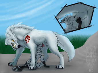 ambiguous_gender animal_genitalia animal_penis anthro anthro_on_feral anthro_penetrated balls bestiality black_nose canine_genitalia canine_penis claws cutaway deep_throat duo erection fangs fellatio feral feral_penetrating feral_penetrating_anthro fluffy fluffy_tail fur genitals handjob holding_another's_sheath holding_sheath horde_symbol_(warcraft) interspecies looking_back male male/male male_penetrated male_penetrating male_penetrating_male markings nude oral oral_penetration penetration penile penile_penetration penis penis_in_mouth servicing_from_below sex sheath sheath_grab simple_background size_difference size_play smaller_penetrated spots spotted_body sucking tail teeth white_body white_fur yellow_eyes silipinfox1298 blizzard_entertainment warcraft kyre canid canine canis dire_wolf felid feline mammal pantherine prehistoric_species snow_leopard wolf 2018 4:3