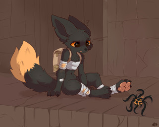 anthro bag bandage bandaged_arm bandaged_chest bandaged_leg cave confusion dialogue fluffy fluffy_tail long_tail male paws sitting solo tail tired stars_(artist) casualties:_unknown canid canine expie_(gunsawian) fox gunsawian hybrid mammal murid murine rat rodent hi_res