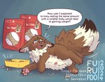 animal_genitalia balls big_tail dialogue dog_food feral fluffy food genitals kibble lying male overweight penis pet_food slightly_chubby tail text weight_gain furufoo nintendo pokemon eevee generation_1_pokemon pokemon_(species) english_text