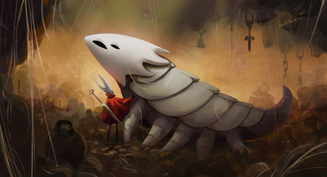 ambiguous_gender cloak clothed clothing duo exoskeleton feral hornet's_needle inside larger_feral monotone_cloak petting red_cloak red_clothing size_difference smaller_ambiguous white_body white_exoskeleton kairaartabsurd hollow_knight:_silksong hollow_knight_(franchise) team_cherry bell_beast hornet_(hollow_knight) arthropod absurd_res hi_res female_(lore)