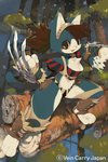 anthro black_eyes blue_body blue_fur breasts brown_hair chest_tuft clothing collar female fur hair melee_weapon open_mouth outside plant smile solo standing thick_thighs tree tuft underwear weapon koki domestic_cat felid feline felis mammal 2013 2:3 hi_res