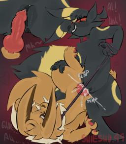 animal_genitalia animal_penis anthro anus black_anus black_body black_fur black_pawpads black_vulva bodily_fluids brown_body brown_fur canine_genitalia canine_penis collar collar_only cross cum cum_in_vagina cum_inside duo ears_up ejaculation equine_genitalia equine_penis eye_roll female feral fluffy fluffy_tail fur genital_fluids genitals heart_symbol inverted_cross knot knotted_penis leash leash_pull leashed_collar long_ears male male/female moan multicolored_body multicolored_skin neck_tuft nude pawpads paws penis pink_pawpads pink_penis plap plap_(sound) precum red_eyes roaring rubbing rubbing_penis rubbing_vulva sex smile smiling_at_another smiling_at_partner spread_legs spreading tail tuft two_tone_body two_tone_skin upside_down vaginal vulva shieshuqqq nintendo pokemon eevee eeveelution generation_1_pokemon generation_2_pokemon hybrid pokemon_(species) umbreon absurd_res hi_res