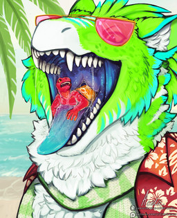 anthro blue_tongue bodily_fluids cheek_tuft clothed clothing duo eyewear facial_tuft front_view fur glasses glistening glistening_eyes green_body green_fur imminent_vore in_mouth male male_anthro mouth_shot on_tongue open_clothing open_mouth open_topwear outside palm_leaves pupils red_body red_clothing red_skin red_topwear saliva saliva_on_arm saliva_on_chest saliva_string sharp_teeth sky slim_anthro slim_male slit_pupils teeth tinted_glasses tongue tongue_out topwear tuft vore water white_body white_fur yellow_eyes acidic mythology dragon furred_dragon furred_scalie mythological_creature mythological_scalie scalie hi_res signature