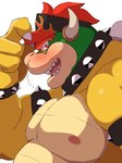 anthro belly biceps blush bodily_fluids claws clothing hair hat headgear headwear male muscular muscular_anthro muscular_male nipples pecs red_eyes red_hair solo sweat yellow_body yoshizaurusu_n mario_bros mario_golf nintendo bowser koopa scalie 3:4 hi_res