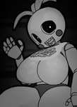 apron big_breasts breasts clothing featureless_breasts female looking_at_viewer machine panties sharp_teeth smile solo teeth underwear monkibonk five_nights_at_freddy's five_nights_at_freddy's_2 scottgames toy_chica_(fnaf) animatronic humanoid robot 2024 digital_media_(artwork) monochrome