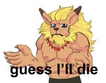 abs ambiguous_gender anthro biceps black_nose blue_eyes bottomwear brown_hair claws clothed clothing collar ear_piercing facial_hair fur hair long_ears looking_at_viewer male mane muscular muscular_anthro muscular_male pants piercing scar simple_background solo text topless yellow_body yellow_fur time-lime_(artist) bandai_namco digimon guess_i'll_die digimon_(species) felid leomon lion mammal pantherine hi_res meme reaction_image