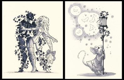 ambiguous_gender art_nouveau black_border border clothed clothing duo female lamp lantern nude rag_doll_(toy) simple_background solo white_background drachenmagier mammal mouse murid murine rockwraith rodent sodium_butterfly monochrome