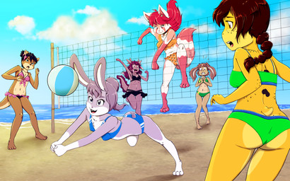 adolescent anthro ball beach beach_volleyball bikini bikini_bottom bikini_bralette bikini_top biped breasts buckteeth butt clothed clothing colored_edge_bikini eyebrows feet female fingers freckles fur group hair jumping medium_breasts navel net non-mammal_breasts open_mouth outside playing_sport sand seaside sky small_breasts smile sport standing swimwear tail teeth thick_thighs toes two-piece_swimsuit volleyball volleyball_(ball) volleyball_net water wide_hips young young_anthro young_female risingdragon ginger_(risingdragon) joana_(lunarciph) kurimi_(lunarciph) mekiko amphibian aquatic axolotl canid canine fox frog lagomorph leporid mammal mole_salamander rabbit salamander 16:10 digital_media_(artwork) hi_res widescreen