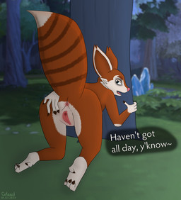 4_fingers 4_toes all_fours anthro anus blue_eyes butt claws dialogue feet female fingers fur genitals looking_at_viewer looking_back looking_back_at_viewer markings multicolored_body multicolored_fur narrowed_eyes nude orange_body orange_fur plant presenting presenting_vulva raised_tail rear_view screencap screencap_background solo spread_vulva spreading squirrel_tail striped_markings striped_tail stripes tail tail_markings talking_to_viewer text toes tree two_tone_body two_tone_fur vulva white_body white_fur colexod dota valve valve_corporation hoodwink_(dota) mammal rodent sciurid tree_squirrel 2024 artist_name dated digital_media_(artwork) english_text