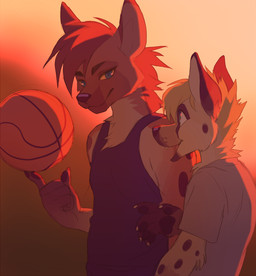 5_fingers anthro basketball blue_eyes clothed clothing duo fingers fur gradient_background male open_mouth purple_nose simple_background smile sunset yellow_body yellow_fur akitamonster cheetah felid feline hyena mammal spotted_hyena