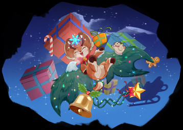 2_horns 3_fingers 3_toes ambiguous_feral ambiguous_gender antlers bell big_ears black_eyes blush blush_lines bow_tie box breath brown_hooves brown_horn brown_tail candy candy_cane cheek_tuft chest_tuft christmas_decorations christmas_lights container curved_horn dessert detailed_background duo eyebrows eyes_closed facial_tuft fangs feet feral fingers food freckled_face freckles gift gift_box gift_wrapped happy holidays hooves horn larger_ambiguous larger_feral night open_mouth open_smile quadruped red_bow_tie red_nose scut_tail short_tail size_difference sky sled smaller_ambiguous smaller_feral smile star tail teeth toes tongue tongue_out tuft white_eyebrows white_tail young young_ambiguous young_feral halvitty christmas league_of_legends riot_games tencent poro_(lol) reindeer_smolder_(lol) smolder_(lol) deer mammal new_world_deer poro reindeer 2026 absurd_res digital_media_(artwork) hi_res huge_filesize male_(lore)