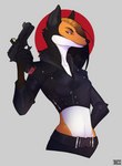 anthro female gun handgun holding_gun holding_handgun holding_object holding_pistol holding_ranged_weapon holding_weapon mercenary midriff pistol ranged_weapon solo weapon jokessoneoneone alyra_(sarge951) canid canine mammal maned_wolf absurd_res hi_res