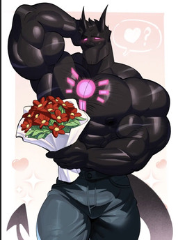 2_horns abs biceps black_body black_hair black_skin blue_bottomwear blue_clothing blue_jeans blue_pants body_hair bottomwear bouquet chest_hair chest_markings clothed clothing deltoids denim denim_bottomwear denim_clothing flower forearm_muscles glowing glowing_eyes hair hand_behind_head heart_symbol holding_bouquet holding_flower holding_object horn jeans male markings muscular muscular_humanoid muscular_male nipples not_furry obliques pants pecs pink_eyes pink_markings plant solo spade_tail tail topless dymitr3 demon demon_humanoid humanoid 2026 hi_res
