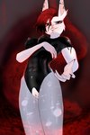 anthro arm_tattoo clothing ear_piercing female latex latex_clothing latex_skinsuit legwear piercing red_eyes skinsuit solo tattoo tight_clothing tights evolucifer lagomorph mammal hi_res