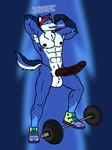 abs accessory anthro balls barbell big_balls big_penis black_nose brown_glans brown_nipples brown_penis clothing erection fangs flexing footwear genitals glans green_clothing green_footwear green_shoes hand_behind_back headband humanoid_genitalia humanoid_penis looking_at_viewer male mostly_nude muscular muscular_anthro muscular_male nipples orange_eyes penis pupils purple_clothing purple_footwear purple_shoes raised_arms red_headband sharp_teeth shoes solo talking_to_viewer teeth text vein veiny_penis yellow_clothing yellow_footwear yellow_shoes mattdrawsmen critter_cove_(game) hugo_(critter_cove) canid canine canis mammal wolf english_text hi_res