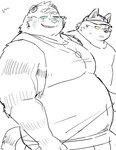 anthro belly big_belly blush bodily_fluids clothing duo hat headgear headwear kemono male navel overweight overweight_male shirt sweat topwear uokkom canid canine felid mammal 2022 hi_res