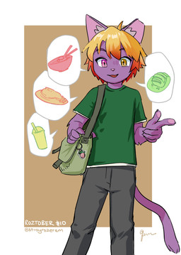 adolescent anthro bag bottomwear clothed clothing dialogue finger_gun fully_clothed fur gesture hair hand_gesture heterochromia kemono male male_anthro open_mouth orange_hair pants pose purple_body purple_fur shirt solo speech_bubble t-shirt topwear young young_anthro young_male strayrozerem roze_(strayrozerem) domestic_cat felid feline felis mammal 2025 absurd_res hi_res pictographics