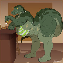5_fingers anthro bent_over beverage_can big_breasts bikini black_border border breasts clothed clothing crossgender exclamation_point feet female fingers green_body green_scales green_tail huge_breasts mtf_crossgender overweight overweight_anthro overweight_female pupils scales sharp_teeth slit_pupils solo swimwear tail teeth thick_thighs toes two-piece_swimsuit yellow_sclera mainlinemojo victor_(chefbg) crocodile crocodilian reptile scalie 2023 absurd_res hi_res signature
