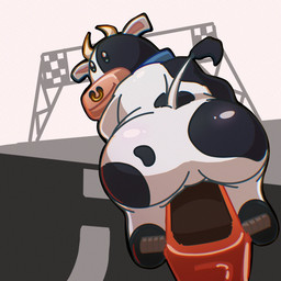 ambiguous_gender anthro beady_eyes big_butt black_body black_eyes black_fur butt butt_focus collar collar_only dot_eyes facial_piercing featureless_crotch finish_line fur hooves horn looking_at_viewer looking_back looking_back_at_viewer markings motorcycle nose_piercing nose_ring nude outside piercing race racetrack riding_motorcycle ring_piercing road simple_eyes sitting smile solo spots spotted_body spotted_fur tail tail_tuft tuft vehicle white_body white_fur pepperw00f mario_bros mario_kart mario_kart_world nintendo moo_moo_meadows_cow bovid bovine cattle dairy_cattle holstein_friesian_cattle mammal 1:1 2025 hi_res female_(lore)