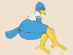 4_toes anus beak blue_body blue_feathers blush bottomless butt clothed clothing eyewear feathers feet glasses half-closed_eyes looking_at_viewer looking_back lying male narrowed_eyes on_side presenting presenting_hindquarters shirt simple_background smile smug solo tail tail_feathers talons toes topwear yellow_beak ombwie deltarune undertale_(series) berdly avian bird hi_res