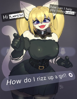 alternate_species alternative_fashion anthro anthrofied black_clothing black_gloves black_handwear blonde_hair blue_eyes breasts censor_bar choker clothing collar fangs female fishnet_clothing fishnet_legwear footwear gloves goth hair handwear jewelry legwear looking_at_viewer looking_down looking_down_at_viewer necklace racism smile smiling_at_viewer socks solo tail teeth text thick_thighs thigh_highs thigh_socks arzy_parzy grok_(twitter) domestic_cat felid feline felis mammal hi_res