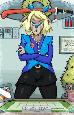 accessory air_vent antlers belt bottomwear breasts candy candy_cane clothing container crossed_arms cup desk dessert evergreen_tree female food frost furniture heart_symbol horn jewelry katana legwear lipstick looking_at_viewer makeup mature_female mayor melee_weapon mug nipple_outline pen photo pin_accessory pin_button pine_tree placard plant skirt soul standing stockings suit sword table thermostat tree weapon wreath frist44 deltarune undertale_(series) carol_holiday deer mammal new_world_deer reindeer soul_(undertale) 2025 hi_res