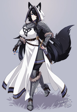 armor big_breasts black_hair blue_eyes boots braided_hair breasts clothed clothing colored_nails eye_patch eyewear female footwear frown furgonomics hair high_heeled_boots high_heels hood long_nails melee_weapon nails shoes solo sword tail weapon crescentia_fortuna animal_humanoid canid canid_humanoid canine canine_humanoid humanoid mammal mammal_humanoid wolf_humanoid 2024 hi_res