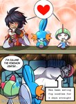 blue_body blush chopsticks clothed clothing dialogue eating feral food group heart_symbol male noodles nude ramen text white_body mgx0 nintendo pokemon "squirtle"_(swampert) casey_(mgx0) yuno_(gardevoir) generation_3_pokemon human humanoid mammal mudkip pokemon_(species) ralts comic english_text