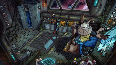 4_arms 5_fingers ambiguous_gender antennae_(anatomy) anthro arthropod_abdomen beverage_can biped black_body black_sclera black_skin brown_body brown_fur chair clothing cute_fangs detailed_background fangs fingers flamethrower fur furniture glistening glistening_eyes gun hologram insect_wings inside kintsugi_(art) lepidopteran_wings locker multi_arm multi_limb neck_tuft on_chair overalls ranged_weapon shirt sitting sitting_on_chair smile solo space spacecraft striped_body striped_fur stripes tank_top teeth topwear tuft vehicle weapon white_eyes wings explorermoo floof_(binaryfloof) arthropod insect lepidopteran moth 16:9 4k absurd_res hi_res watermark widescreen