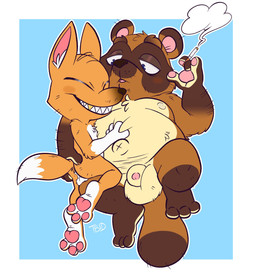 animal_genitalia anthro backsack balls belly belly_grab big_balls blush brown_body brown_fur butt cigarette cuddling duo eyes_closed flaccid fur genitals gold_(metal) gold_tooth humanoid_hands male male/male navel orange_body orange_fur overweight overweight_male penis sheath slim smoking tbid animal_crossing nintendo crazy_redd tom_nook_(animal_crossing) canid canine fox mammal raccoon_dog tanuki 2021 hi_res