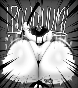 anthro big_butt black_body black_hair butt clothing duo facesitting female hair huge_butt male male/female melee_weapon polearm scythe sitting sitting_on_another text thick_thighs thong underwear weapon white_body crowundeadcat crow_(thedeathcrow) domestic_cat felid feline felis human mammal english_text hi_res monochrome