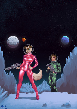 anthro atomic_punk big_breasts bodysuit boots breasts brown_hair clothed clothing detailed_background duo female floppy_ears footwear fur green_clothing gun hair high_heeled_boots high_heels holding_gun holding_object holding_ranged_weapon holding_weapon latex looking_at_viewer male male/female muscular muscular_male nipple_outline planet ranged_weapon raygun red_clothing rock science_fiction shoes skinsuit smile space star tail thick_thighs tight_clothing tuft weapon white_body white_fur gamesfan canid canine canis domestic_dog human mammal 2025 absurd_res digital_drawing_(artwork) digital_media_(artwork) hi_res signature
