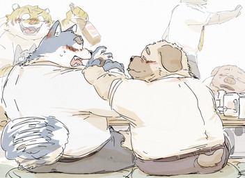 anthro blush bottomwear clothing drunk group kemono male male/male pants shirt sitting slightly_chubby substance_intoxication tail tail_motion tailwag topwear pommn_mn canid canine canis domestic_dog domestic_pig felid mammal pantherine suid suine sus_(pig) tiger 2025 hi_res