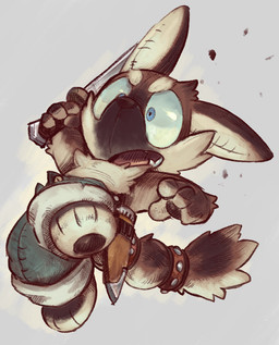 4_fingers 4_toes accessory anthro attack big_eyes black_pawpads blue_eyes bottomwear cheek_tuft chest_tuft chibi clothed clothing dagger eyebrows facial_tuft feet fingers furgonomics green_bottomwear green_clothing green_pants grey_background holding_dagger holding_melee_weapon holding_object holding_weapon jewelry kemono male melee_weapon open_mouth pants pawpads ring scabbard simple_background solo sword tail tail_accessory tail_jewelry tail_ring tail_tuft toes tongue topless tuft weapon young young_anthro young_male ovopack anoinu canid canine fox mammal