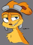 anthro blue_eyes eyewear feral fur goggles male orange_body orange_fur semi-anthro simple_background smile smirk solo najalatte jak_and_daxter naughty_dog sony_corporation sony_interactive_entertainment daxter mammal mustelid ottsel digital_media_(artwork)