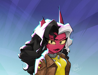 2_horns black_eyebrows black_eyes black_hair bomber_jacket breasts broken_horn brown_clothing brown_jacket brown_topwear clothed clothing ear_piercing ear_ring eye_through_hair eyebrows female female_humanoid hair hoop_ear_ring horn jacket lips medium_breasts mouth_closed multicolored_hair noseless not_furry open_clothing open_jacket open_topwear piercing red_body red_horn red_lips red_skin ring_piercing shirt solo topwear translucent translucent_hair two_tone_hair white_hair yellow_clothing yellow_sclera yellow_shirt yellow_topwear potatonebula hellaverse marvel marvel_rivals fan_character rogue_(marvel) demon demon_humanoid humanoid succubus 2026 crossover signature