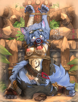 5_fingers anthro bdsm belt big_breasts blue_body blue_fur bodily_fluids bondage bound breasts clothing cum cum_in_vagina cum_inside eyewear eyewear_on_head female fingers fur gag gagged genital_fluids genitals goggles goggles_on_head hands_tied leaking_cum looking_at_viewer navel nipples pawpads pole restraints rope rope_bondage solo stress_position tattoo tied_to_pole torn_clothing vulva yellow_eyes altart maku_(maku450) canid canine canis mammal wolf 2021 digital_media_(artwork) hi_res