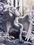 anthro beak blurred_background eyes_closed feathered_wings feathers female grey_body grey_feathers logo mouth_closed nude outside plant sitting snow solo text tree white_body white_feathers white_wings wings himeragoldtail avian bird owl artist_logo artist_name hi_res