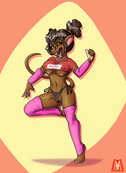 abs anthro armwear breasts camel_toe clothing feet female fingers fur genitals hair legwear looking_at_viewer nipple_outline on_one_leg one_eye_closed open_mouth panties pubes pubic_stubble pussy_floss shaved_pussy simple_background smile solo standing tail teeth text text_on_clothing text_on_topwear toes tongue tongue_out topwear under_boob underwear vulva wide_hips wink winking_at_viewer mlock mammal mouse murid murine rodent digital_media_(artwork) hi_res