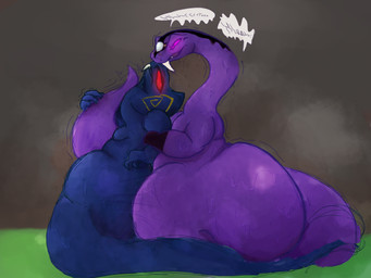 anthro arm_grab big_butt blue_body bodily_fluids brown_background butt dialogue excessive_sweat eyeliner fangs from_behind_position green_background half-closed_eyes huge_butt hyper hyper_butt long_neck makeup male moobs narrowed_eyes obscured_sex pink_sclera pupils purple_body raised_head red_sclera rumpy_apode serpentine sex side_view simple_background slit_pupils smile solo speech_bubble steam steaming sweat teeth text thick_thighs wide_hips nauiho lego ninjago pythor_(ninjago) skales_(ninjago) reptile scalie serpentine_(ninjago) snake 2026 4:3 absurd_res digital_media_(artwork) english_text hi_res