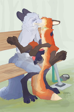 anatomically_correct anatomically_correct_genitalia anatomically_correct_vulva animal_genitalia animal_penis animal_vulva anthro anus bench bodily_fluids brown_body brown_fur canine_genitalia canine_penis canine_vulva clenched_feet collar duo ejaculation erection eyes_closed female feral fingering fingering_partner fluffy fluffy_tail fog forest french_kissing fur genital_fluids genitals grass guided_fingering hand_holding kissing leash male male/female on_lap orgasm outside penis pivoted_ears plant precum sex sitting_on_lap spread_legs spreading tail tree vaginal_fluids vaginal_squirting vulva whiskers white_body white_fur quizzical_(artist) canid canine fox mammal red_fox silver_fox true_fox absurd_res hi_res