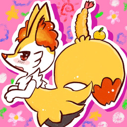 abstract_background ambiguous_anthro ambiguous_gender anthro arm_tuft biped black_body black_fur blush blush_lines cheek_tuft chest_tuft dipstick_tail drop_shadow facial_tuft food fruit fur hip_tuft inner_ear_fluff leaning leaning_forward looking_at_viewer markings multicolored_body multicolored_fur nude_ambiguous object_in_tail open_mouth orange_(fruit) orange_body orange_fur orange_inner_ear_fluff orange_nose orange_tail_tip outline pink_background plant pointy_ears prick_ears red_eyes shoulder_tuft shrimp_(food) side_view simple_background solo standing tail tail_markings tapering_snout tuft two_tone_tail white_body white_fur yellow_body yellow_fur yellow_tail annyui0611 nintendo pokemon braixen canid generation_6_pokemon mammal pokemon_(species) 1:1 2021 cel_shading colored hi_res japanese_description portrait shaded three-quarter_portrait translated_description