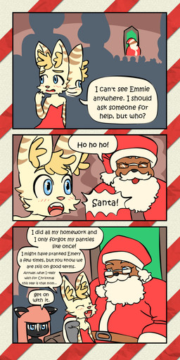annoyed anthro beard black_body black_fur black_nose blonde_eyebrows blonde_hair blue_eyes blush blush_lines brown_body brown_fur brown_stripes chair christmas_clothing christmas_headwear clothing costume cute_fangs dialogue dress eyebrows eyes_closed eyewear facial_hair fangs female fur furniture glasses group hair hat headgear headwear holidays inner_ear_fluff looking_around male mall_santa motion_lines multicolored_body multicolored_fur mustache on_lap open_mouth open_smile pink_hair pink_nose red_clothing red_dress santa_costume santa_hat shoulderless_dress sitting sitting_on_lap smile sparkles sparkling_eyes speech_bubble striped_body striped_fur stripes talking_to_another tan_body tan_fur teeth text trio tuft two_tone_body two_tone_fur wearing_glasses white_beard white_body white_eyebrows white_facial_hair white_fur white_mustache wide_eyed worried young young_anthro young_female bisonvega christmas cat_girl_(bisonvega) bear domestic_cat felid feline felis mammal mephitid skunk 1:2 2025 comic english_text hi_res