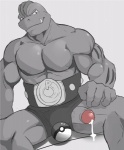 abs anthro athletic balls biceps bodily_fluids clothed clothing cum cum_on_penis erection foreskin genital_fluids genitals humanoid_genitalia humanoid_penis male muscular muscular_anthro muscular_male nipples pecs penis penis_poking_out pokeball simple_background skimpy smile solo standard_pokeball teeth topless underwear nuroi nintendo pokemon generation_1_pokemon machoke mammal pokemon_(species)